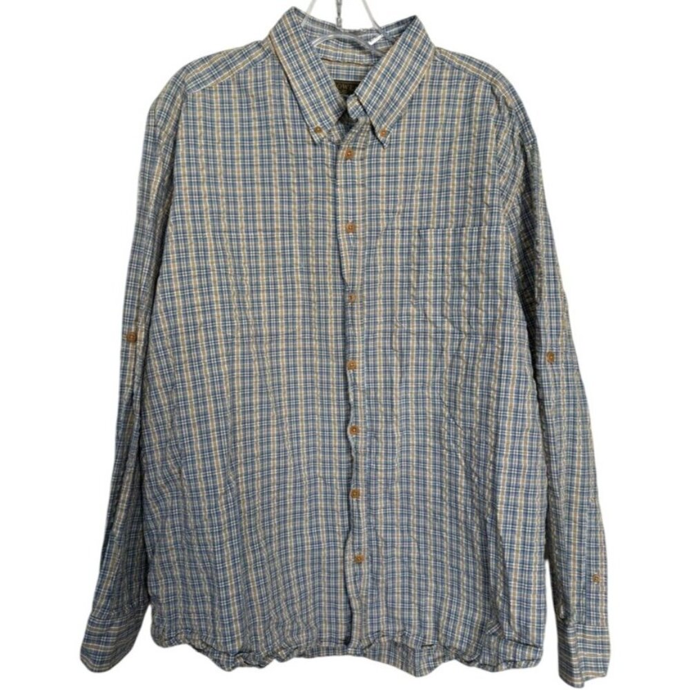 J.L. Powell Seersucker Shirt Button Down Long Sleeve Blue Tan Check Plaid Mens L